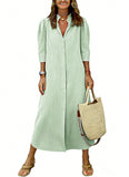 CHOUYATOU Women's Summer 3/4 Sleeve Striped Maxi Long Shirt Dress Boho Ruffled Button Down Beach Dress
