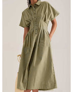 Chouyatou Women's Contrast Color Striped Shirt Dress Pleated Button Down Maxi Long Tunic Dress