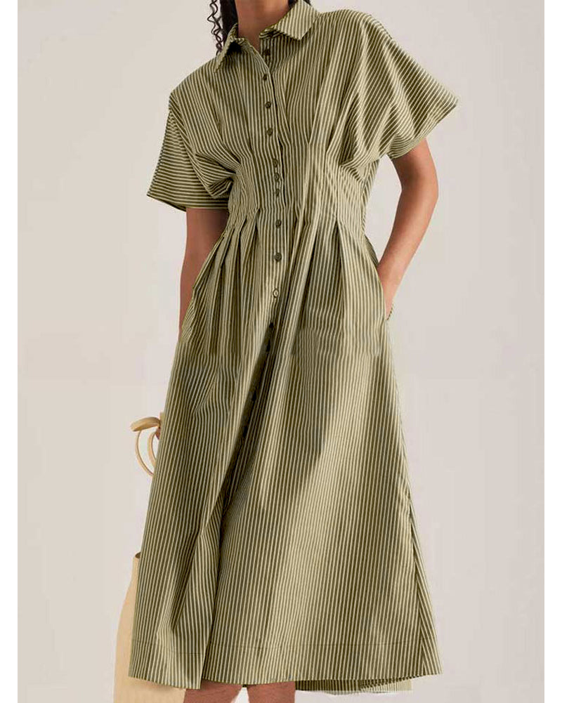 Chouyatou Women's Contrast Color Striped Shirt Dress Pleated Button Down Maxi Long Tunic Dress