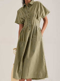 Chouyatou Women's Contrast Color Striped Shirt Dress Pleated Button Down Maxi Long Tunic Dress