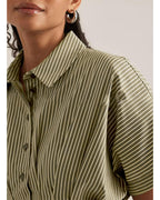 Chouyatou Women's Contrast Color Striped Shirt Dress Pleated Button Down Maxi Long Tunic Dress