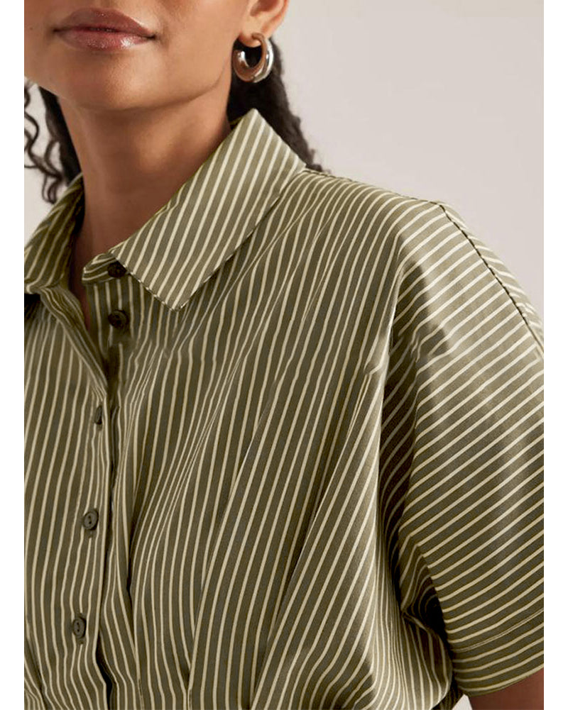 Chouyatou Women's Contrast Color Striped Shirt Dress Pleated Button Down Maxi Long Tunic Dress