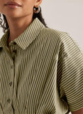 Chouyatou Women's Contrast Color Striped Shirt Dress Pleated Button Down Maxi Long Tunic Dress