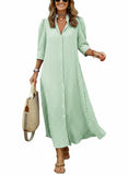 CHOUYATOU Women's Summer 3/4 Sleeve Striped Maxi Long Shirt Dress Boho Ruffled Button Down Beach Dress