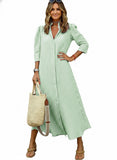 CHOUYATOU Women's Summer 3/4 Sleeve Striped Maxi Long Shirt Dress Boho Ruffled Button Down Beach Dress