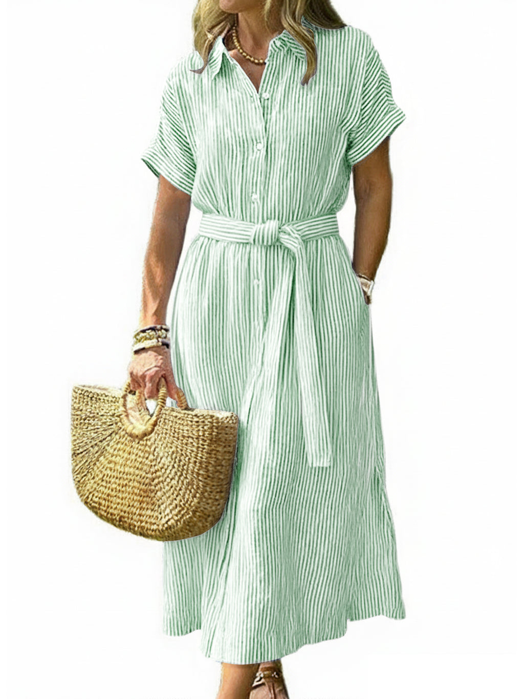 Chouyatou Women's Summer Boho Belted Striped Shirt Dress Casual Loose Short Sleeve Midi Long Beach Dress