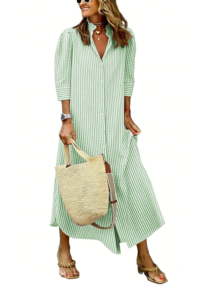 Chouyatou Women's Summer 3/4 Sleeve Striped Maxi Long Shirt Dress Boho Ruffled Button Down Beach Dress