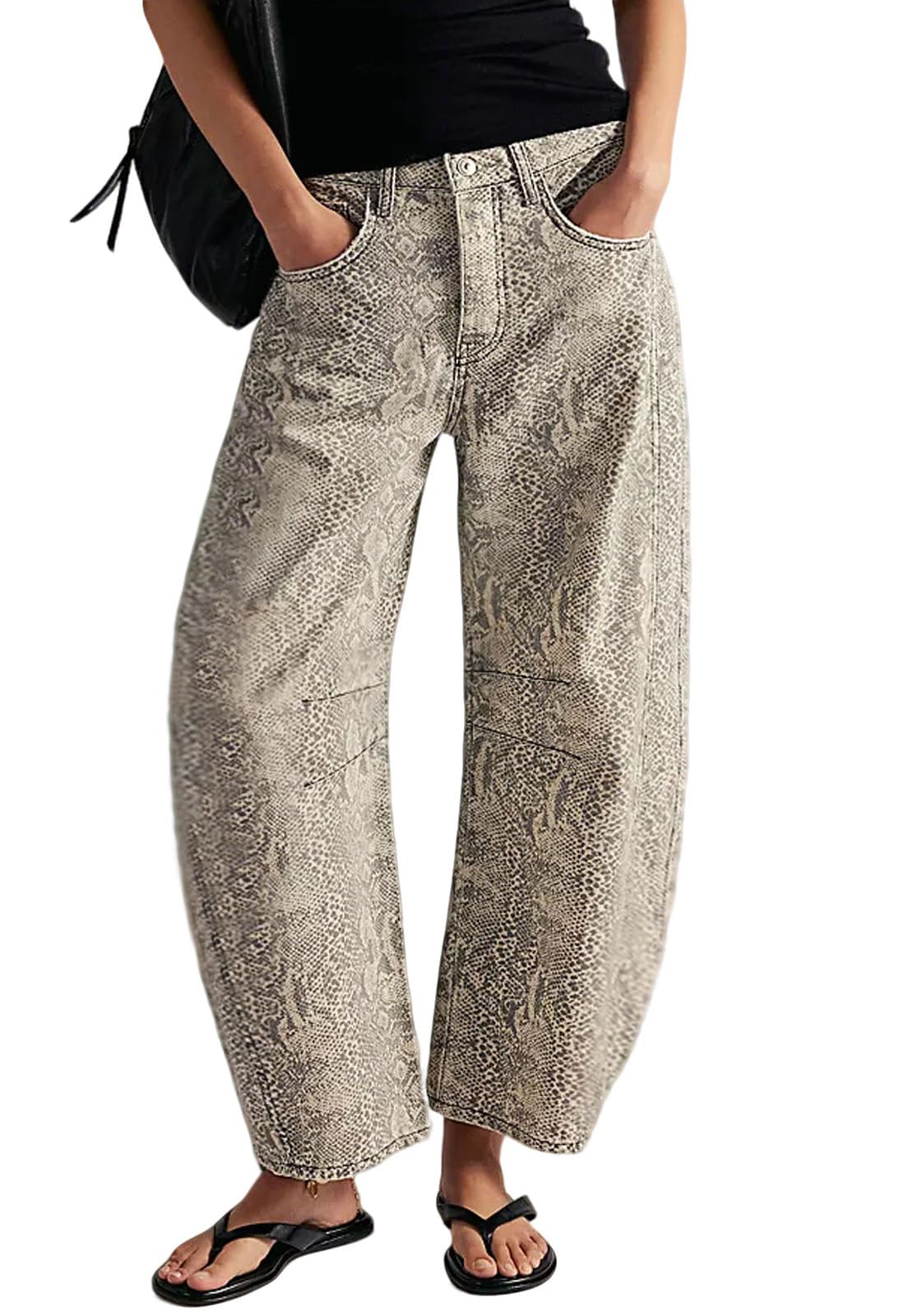 Chouyatou Women Boyfriend Baggy Barrel Jeans Floral Print Denim Ankle Pants Wide Leg Mid Rise Jeans Sweatpants Y2k Patchwork