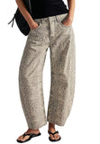 chouyatou Women Boyfriend Baggy Barrel Jeans Floral Print Denim Ankle Pants Wide Leg Mid Rise Jeans Sweatpants Y2k Patchwork