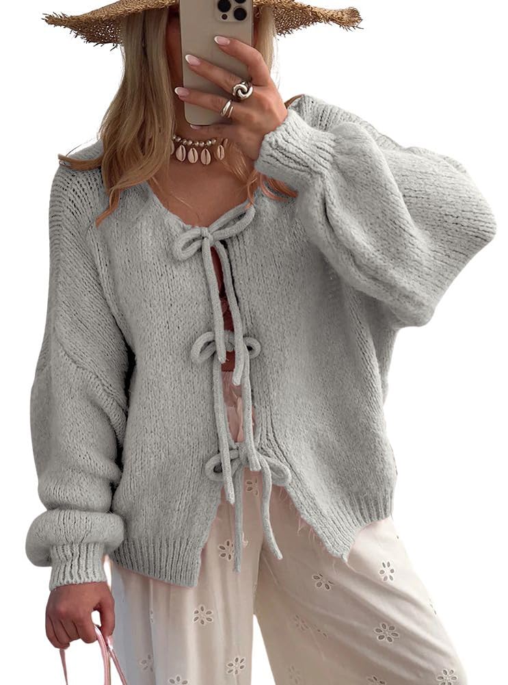 PICSCOVER Bow Knot Cardigan Fall Casual Oversized Ribbed Knit Sweater Cardigan Tops