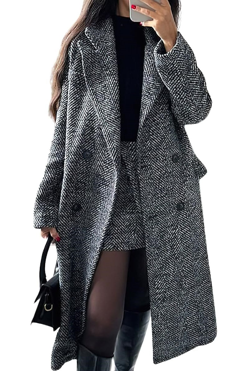 Chouyatou Women's Winter Casual Herringbone Wool Coat Double