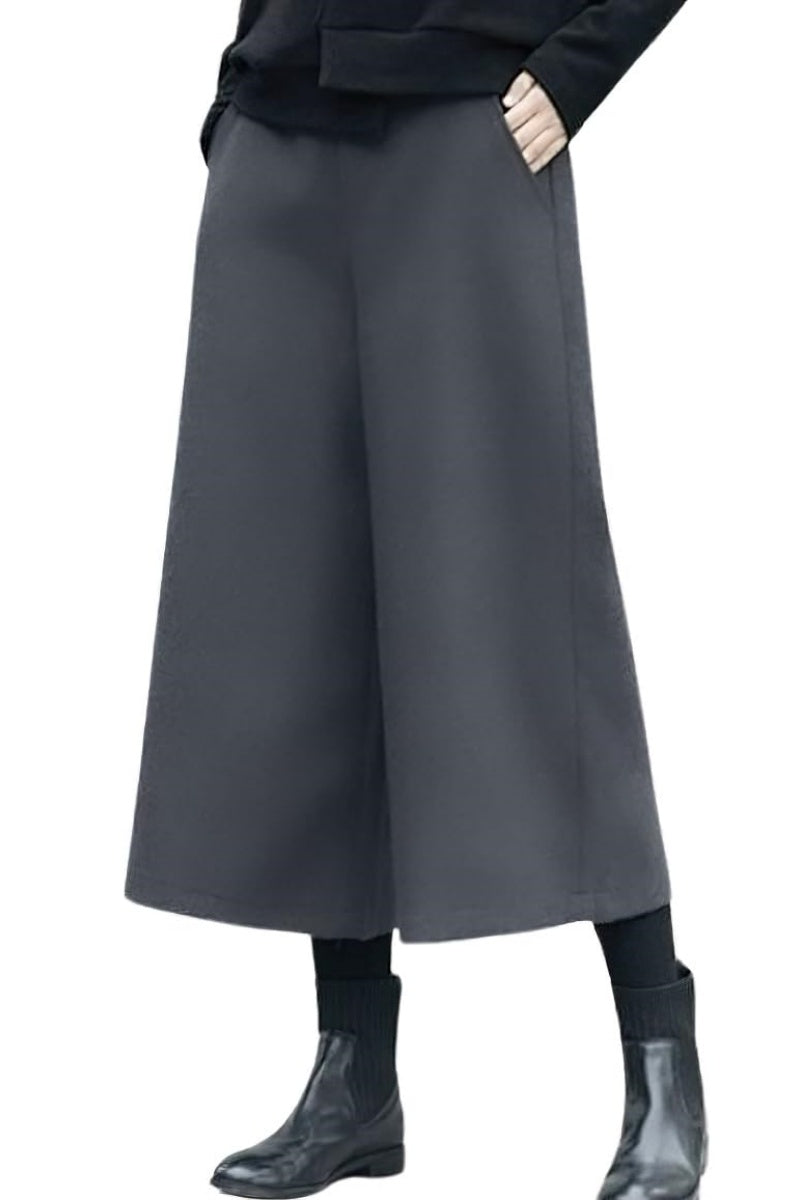 Chouyatou Women's Fall Wool Blend Culottes Capri Cropped Pants Elastic High Waist Wide Leg Palazzo Trouser