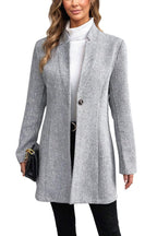 Chouyatou Womens Long Sleeve Casual Wool Jacket Blazer 1 Button Winter Coat Mid-Long Stand Collar Open Front Overcoat