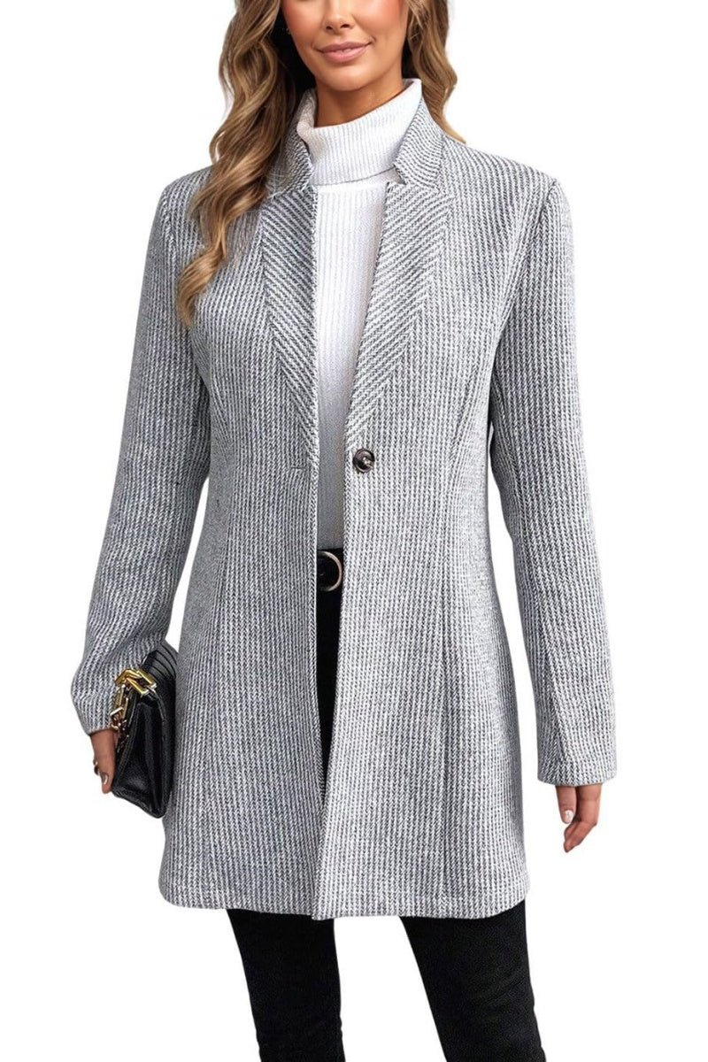 Chouyatou Womens Long Sleeve Casual Wool Jacket Blazer 1 Button Winter Coat Mid-Long Stand Collar Open Front Overcoat