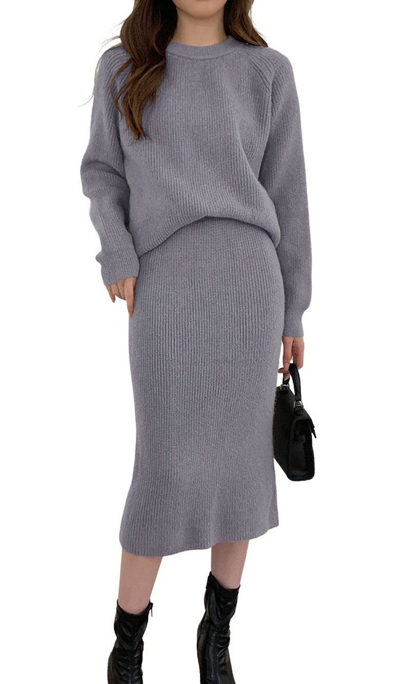 Chouyatou Women's Ribbed Sweater Sets Crop Top and Maxi Bodycon Skirt Sets 2 Piece Outfits