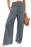 Chouyatou Women's Smocked High Waisted Cotton Linen Wide Leg Pants Palazzo with Pockets