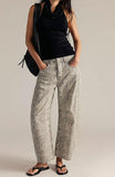 chouyatou Women Boyfriend Baggy Barrel Jeans Floral Print Denim Ankle Pants Wide Leg Mid Rise Jeans Sweatpants Y2k Patchwork