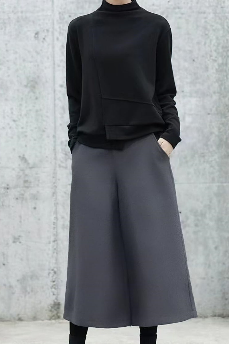 Chouyatou Women's Fall Wool Blend Culottes Capri Cropped Pants Elastic High Waist Wide Leg Palazzo Trouser