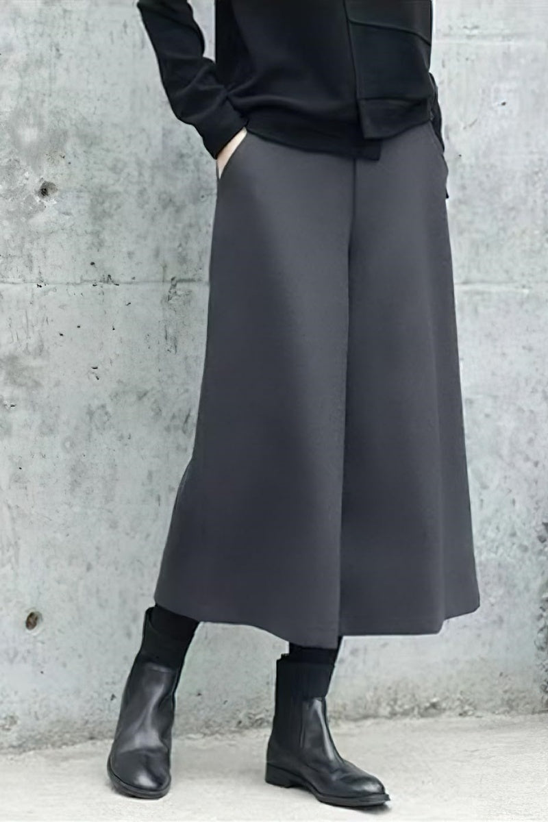 Chouyatou Women's Fall Wool Blend Culottes Capri Cropped Pants Elastic High Waist Wide Leg Palazzo Trouser