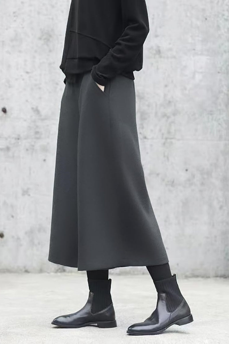 Chouyatou Women's Fall Wool Blend Culottes Capri Cropped Pants Elastic High Waist Wide Leg Palazzo Trouser