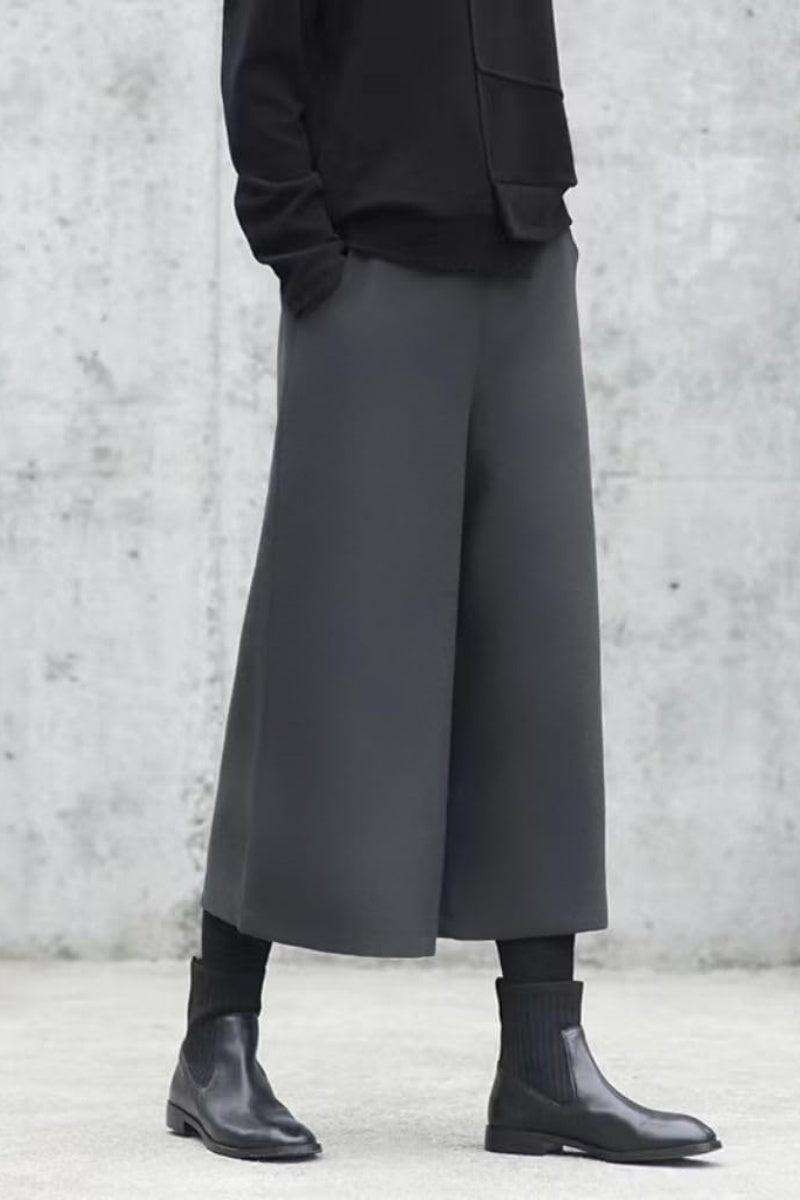 Chouyatou Women's Fall Wool Blend Culottes Capri Cropped Pants Elastic High Waist Wide Leg Palazzo Trouser