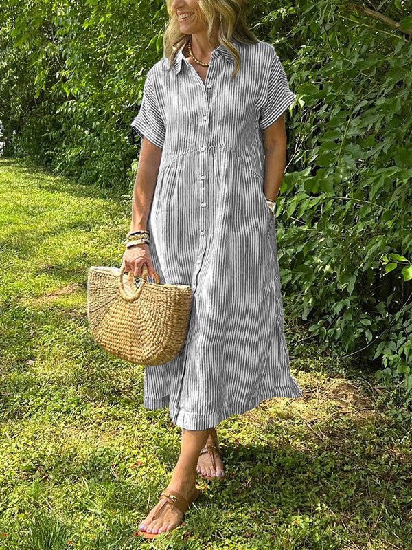 Chouyatou Women's Summer Striped Midi Long Shirt Dress Casual Loose Short Sleeve Button Down Dress