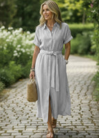 Chouyatou Women's Summer Boho Belted Striped Shirt Dress Casual Loose Short Sleeve Midi Long Beach Dress