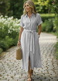 CHOUYATOU Women's Summer Boho Belted Striped Shirt Dress Casual Loose Short Sleeve Midi Long Beach Dress