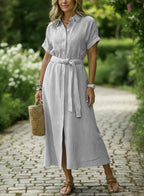 Chouyatou Women's Summer Boho Belted Striped Shirt Dress Casual Loose Short Sleeve Midi Long Beach Dress