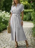 CHOUYATOU Women's Summer Boho Belted Striped Shirt Dress Casual Loose Short Sleeve Midi Long Beach Dress