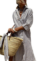 Chouyatou Womens Shirt Dress Casual Lapel 3/4 Sleeve Button Down Split Belted Vacation Maxi Dress