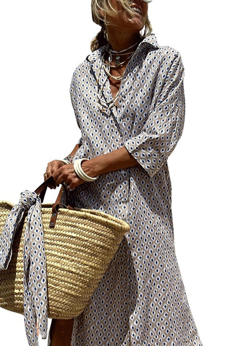Chouyatou Womens Shirt Dress Casual Lapel 3/4 Sleeve Button Down Split Belted Vacation Maxi Dress