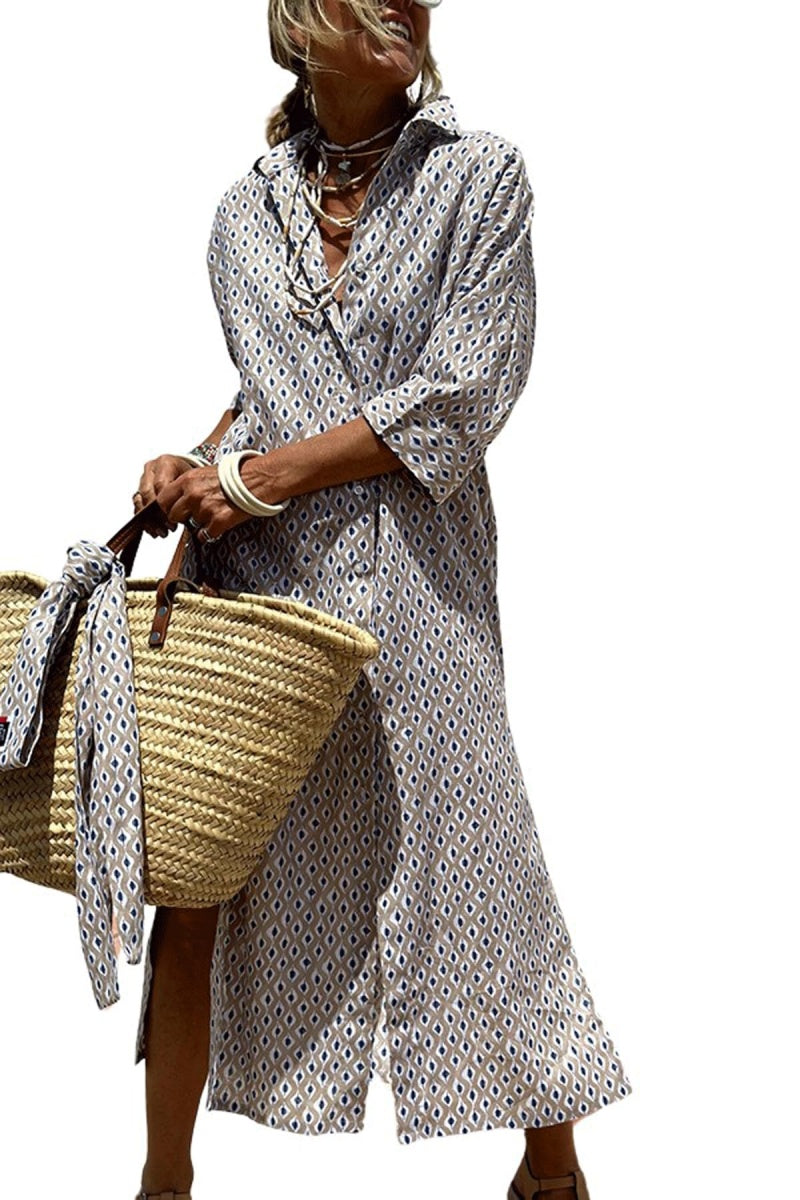 Chouyatou Womens Shirt Dress Casual Lapel 3/4 Sleeve Button Down Split Belted Vacation Maxi Dress