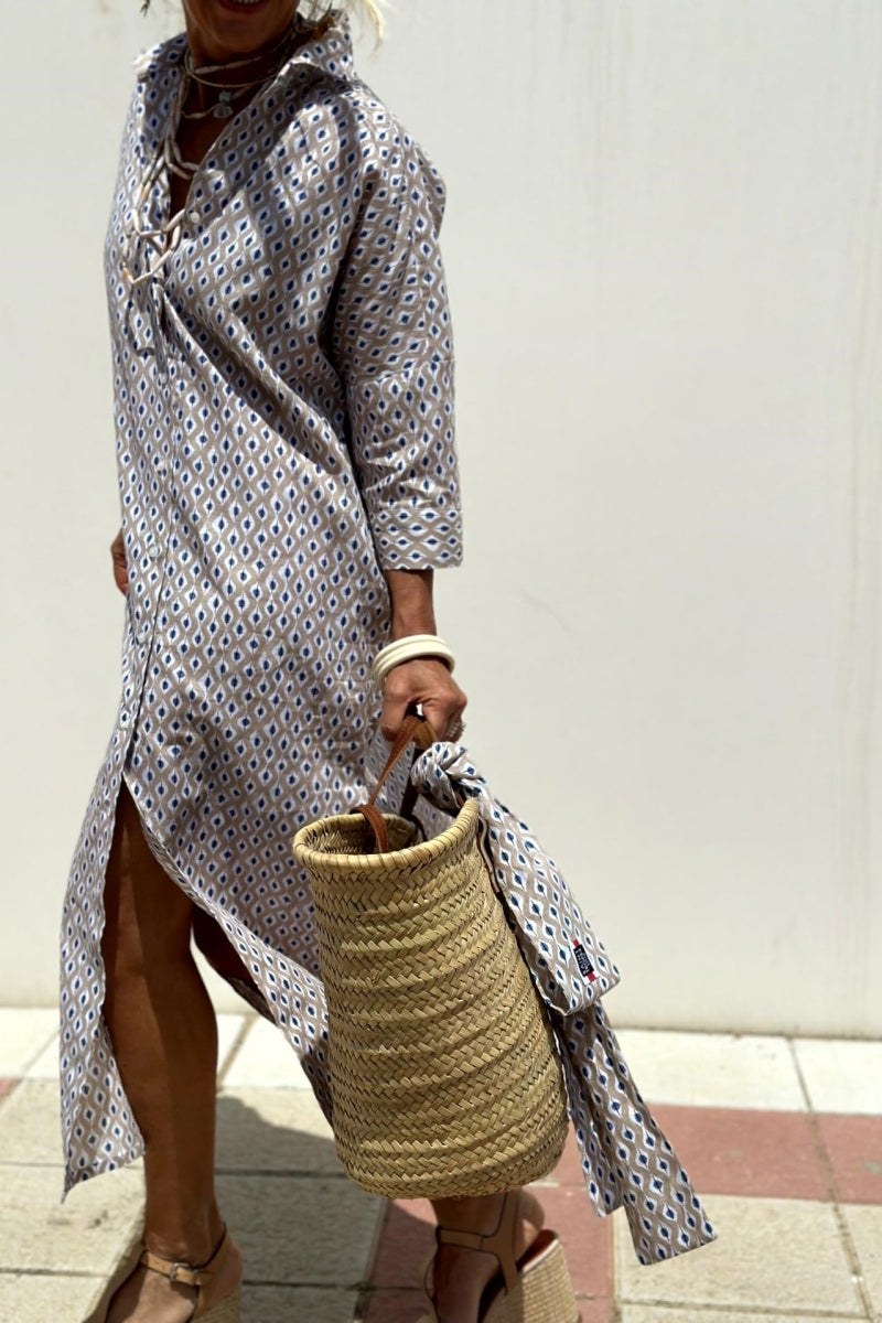 Chouyatou Womens Shirt Dress Casual Lapel 3/4 Sleeve Button Down Split Belted Vacation Maxi Dress