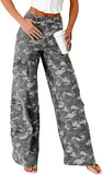 Chouyatou Women Casual Camo Print Denim Pants Y2k Wide Leg Cargo Jeans Flare Distressed Camouflage Jeans Sweatpants Pockets
