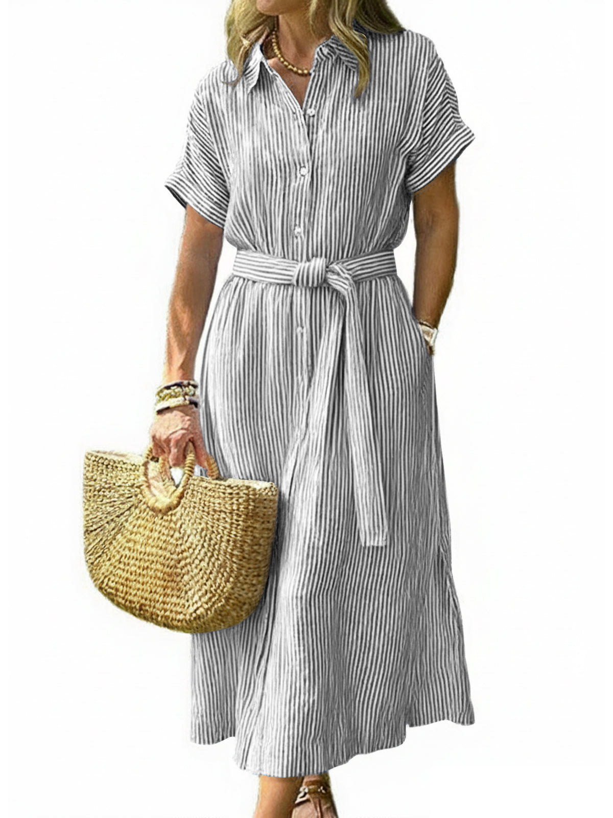 Chouyatou Women's Summer Boho Belted Striped Shirt Dress Casual Loose Short Sleeve Midi Long Beach Dress