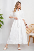 UTCOCO utcoco Women's Embroidered Eyelet Shirt Dresses Belted Puff Sleeve Button Down Swing Boho Cotton Maxi Shirt Dress