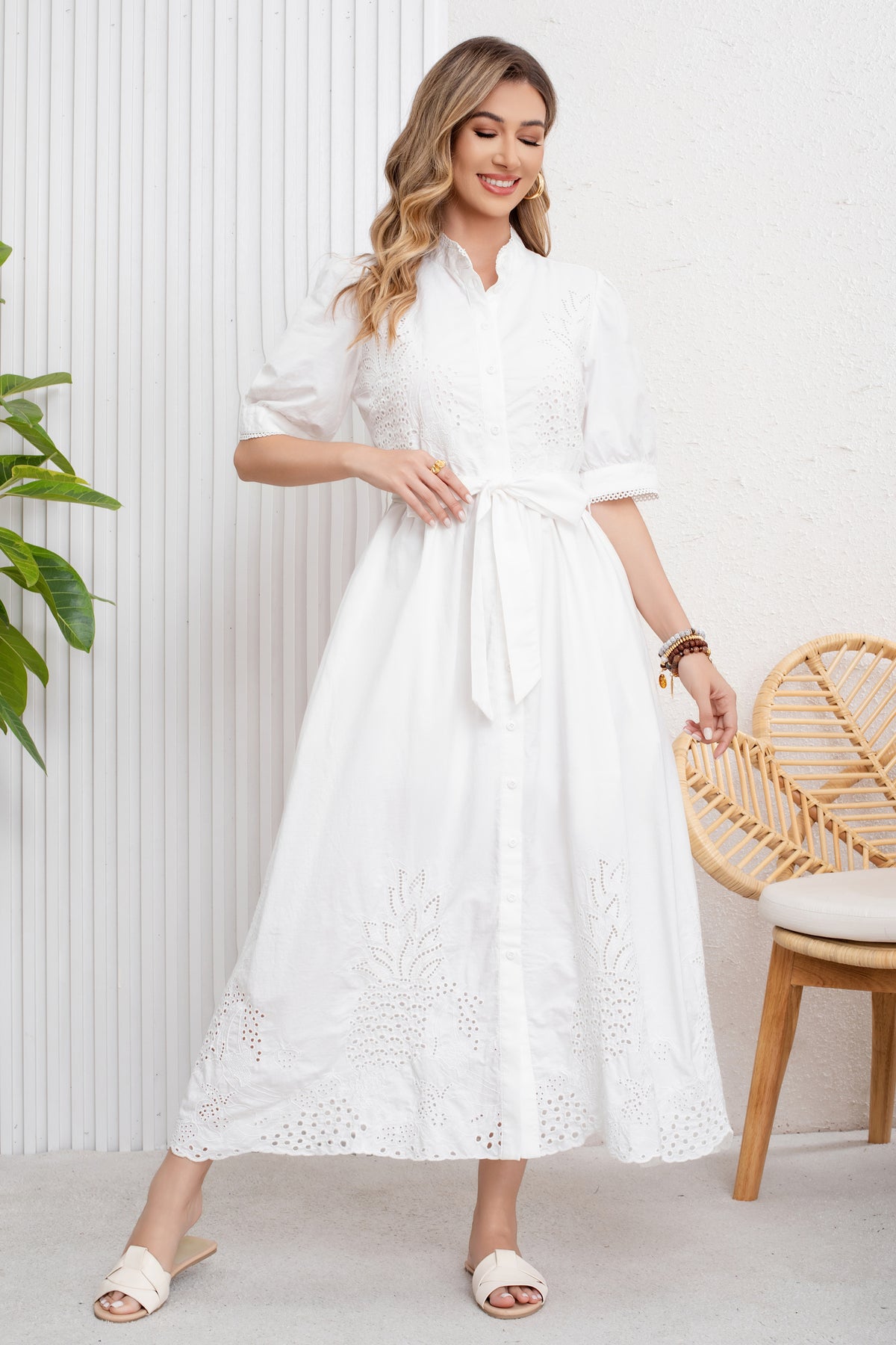 UTCOCO utcoco Women's Embroidered Eyelet Shirt Dresses Belted Puff Sleeve Button Down Swing Boho Cotton Maxi Shirt Dress