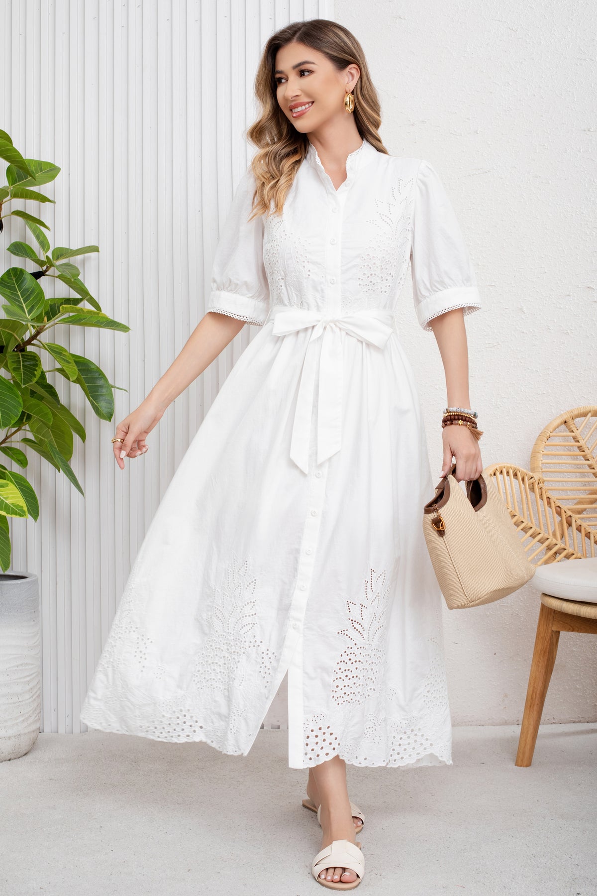 UTCOCO utcoco Women's Embroidered Eyelet Shirt Dresses Belted Puff Sleeve Button Down Swing Boho Cotton Maxi Shirt Dress