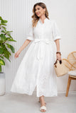 UTCOCO utcoco Women's Embroidered Eyelet Shirt Dresses Belted Puff Sleeve Button Down Swing Boho Cotton Maxi Shirt Dress