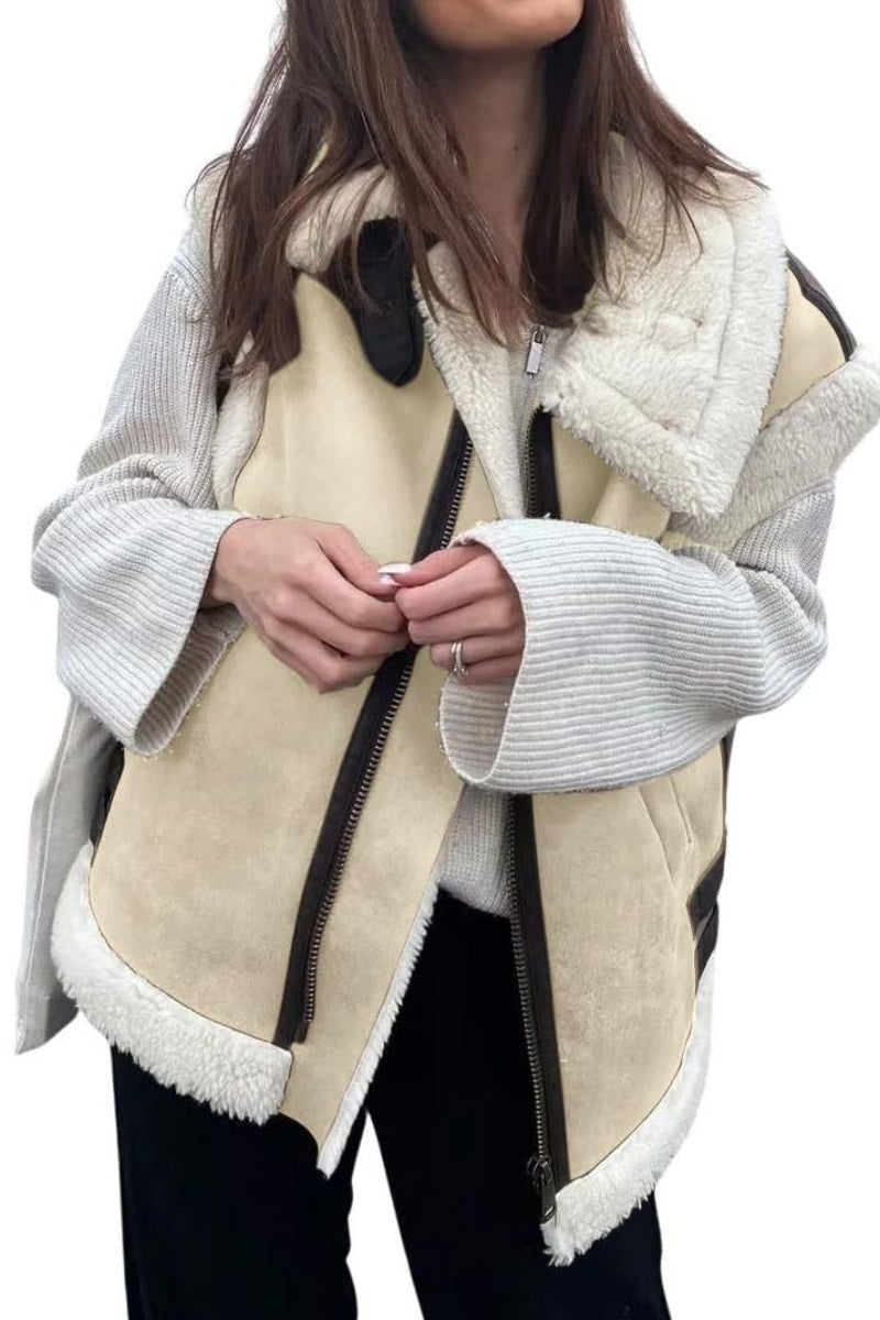 Chouyatou Women's Winter Warm Suede Sherpa Leather Vest Jacket Zip Up Sleeveless Lambwool Fur Coat with Pockets