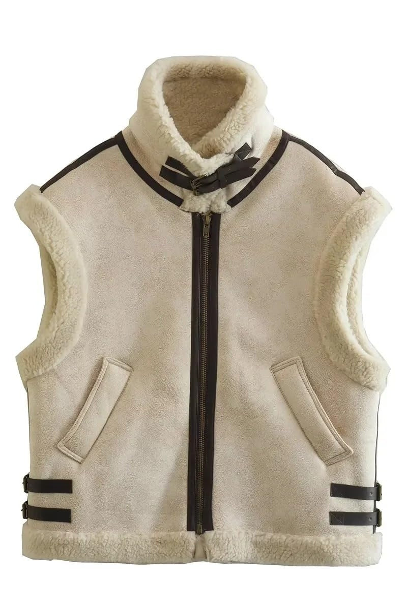 Chouyatou Women's Winter Warm Suede Sherpa Leather Vest Jacket Zip Up Sleeveless Lambwool Fur Coat with Pockets