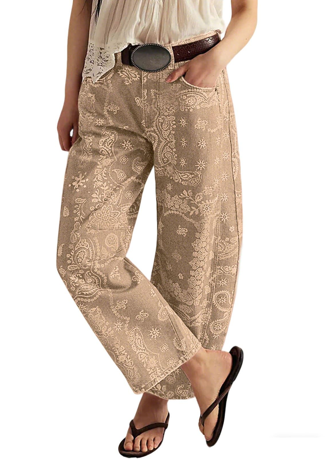 Chouyatou Women Boyfriend Baggy Barrel Jeans Floral Print Denim Ankle Pants Wide Leg Mid Rise Jeans Sweatpants Y2k Patchwork