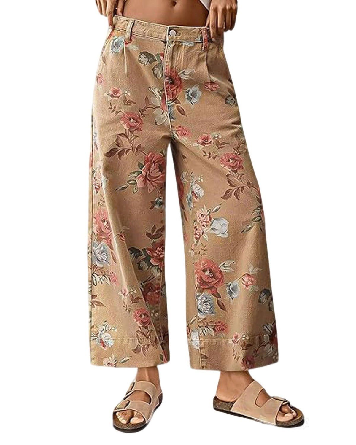 Chouyatou Women Mid Rise Cropped Wide Leg Jeans Baggy Floral Ankle Pants Denim Capris Flare Print Boho Palazzo Jeans Boyfriend