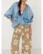Chouyatou Women Y2k Distressed Barrel Jeans Baggy Wide Leg Jeans Floral Printed Boyfriend Patchwork Denim Pants