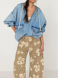 Chouyatou Women Y2k Distressed Barrel Jeans Baggy Wide Leg Jeans Floral Printed Boyfriend Patchwork Denim Pants