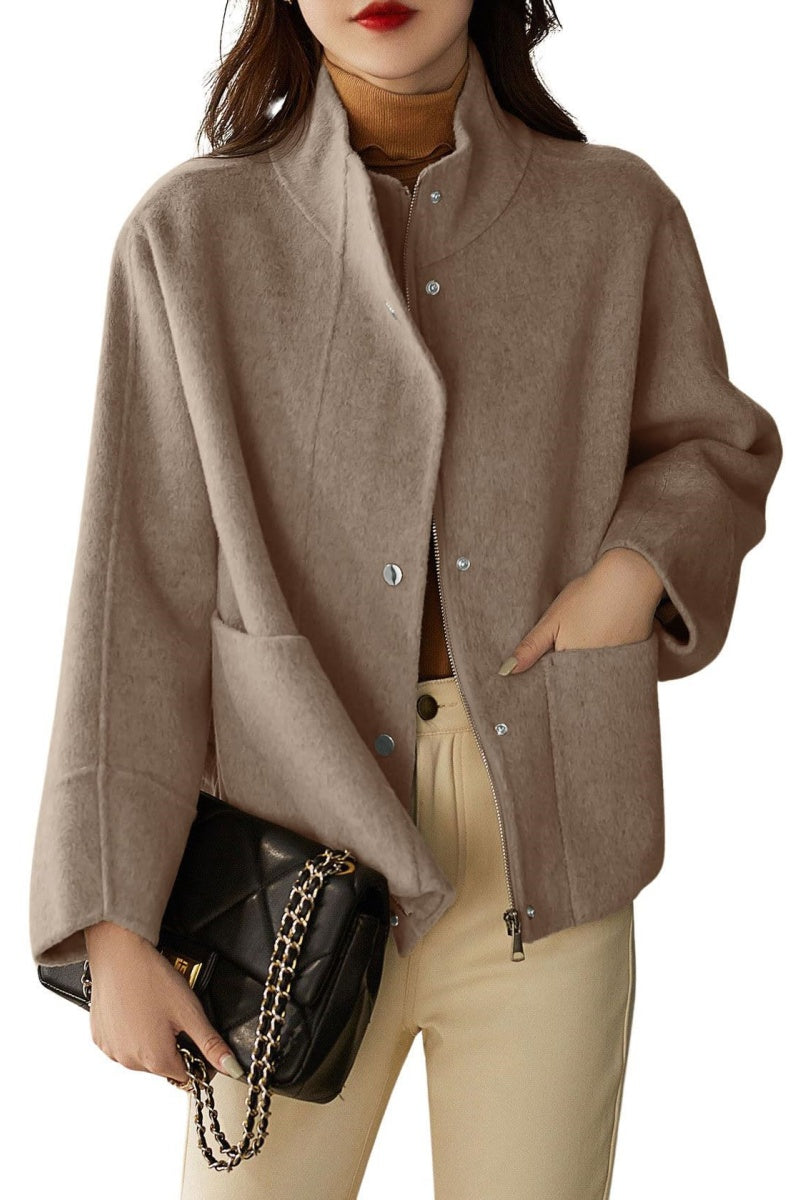 Chouyatou Women's Casual Stand Collar Single Breasted Short Wool Pea Coat Overcoat with Pockets