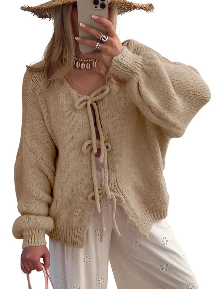 PICSCOVER Bow Knot Cardigan Fall Casual Oversized Ribbed Knit Sweater Cardigan Tops
