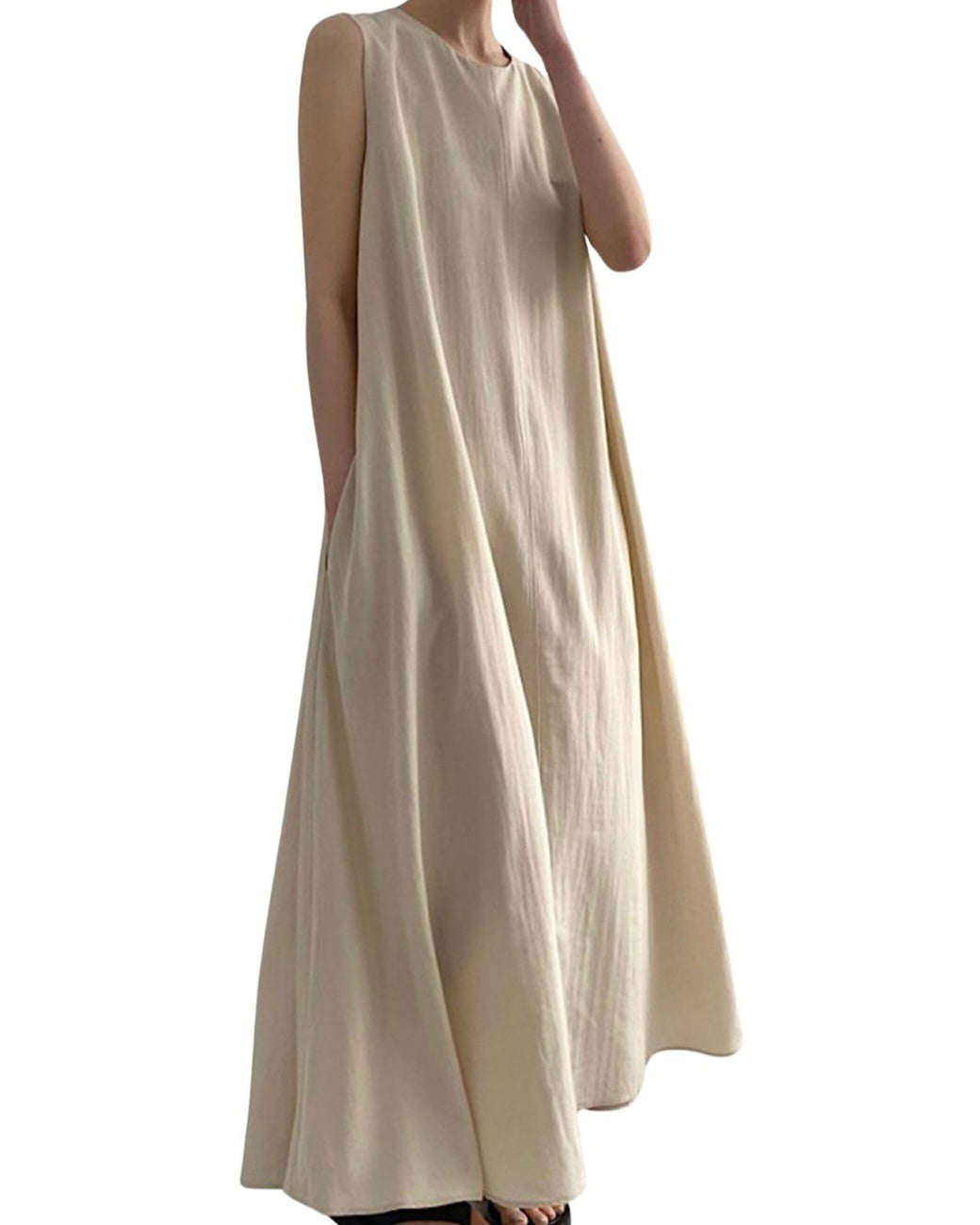 Chouyatou Women Casual Cotton Linen Sleeveless Maxi Dress Ruffle Shift Dress Flowy Beach Summer Long Tank Dress