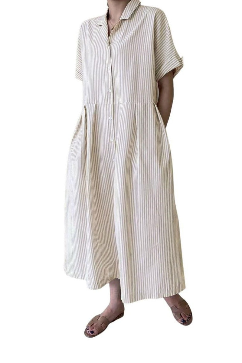 Chouyatou Women's Cotton Striped Shirt Dress Button Up Short Sleeve Midi Long Shift Dress with Pockets